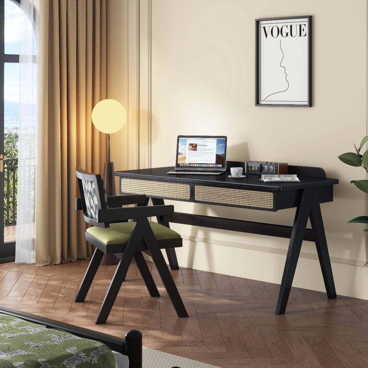 复古风白蜡木实木书桌书房办公家用梳妆台黑色轻奢藤编学习电脑桌,住宅家具,书桌,淘宝优惠券,粉丝福利购,淘宝优惠卷