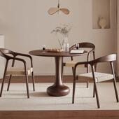 实木圆形餐桌中古法式 覆古圆桌休闲家用小户型胡桃色洽谈桌椅组合