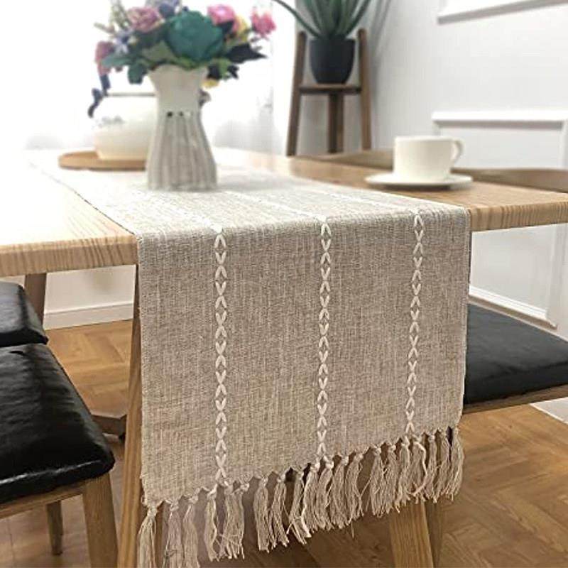 复古桌旗带流苏婚礼家庭餐桌布中式装饰布手工编织农舍棉麻桌垫