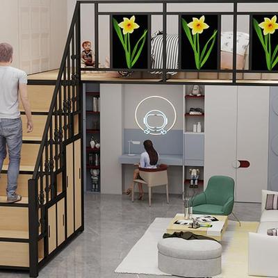 铁艺覆式diy 二楼床隔层小户型阁楼床公寓树屋床简约隔层钢结构床