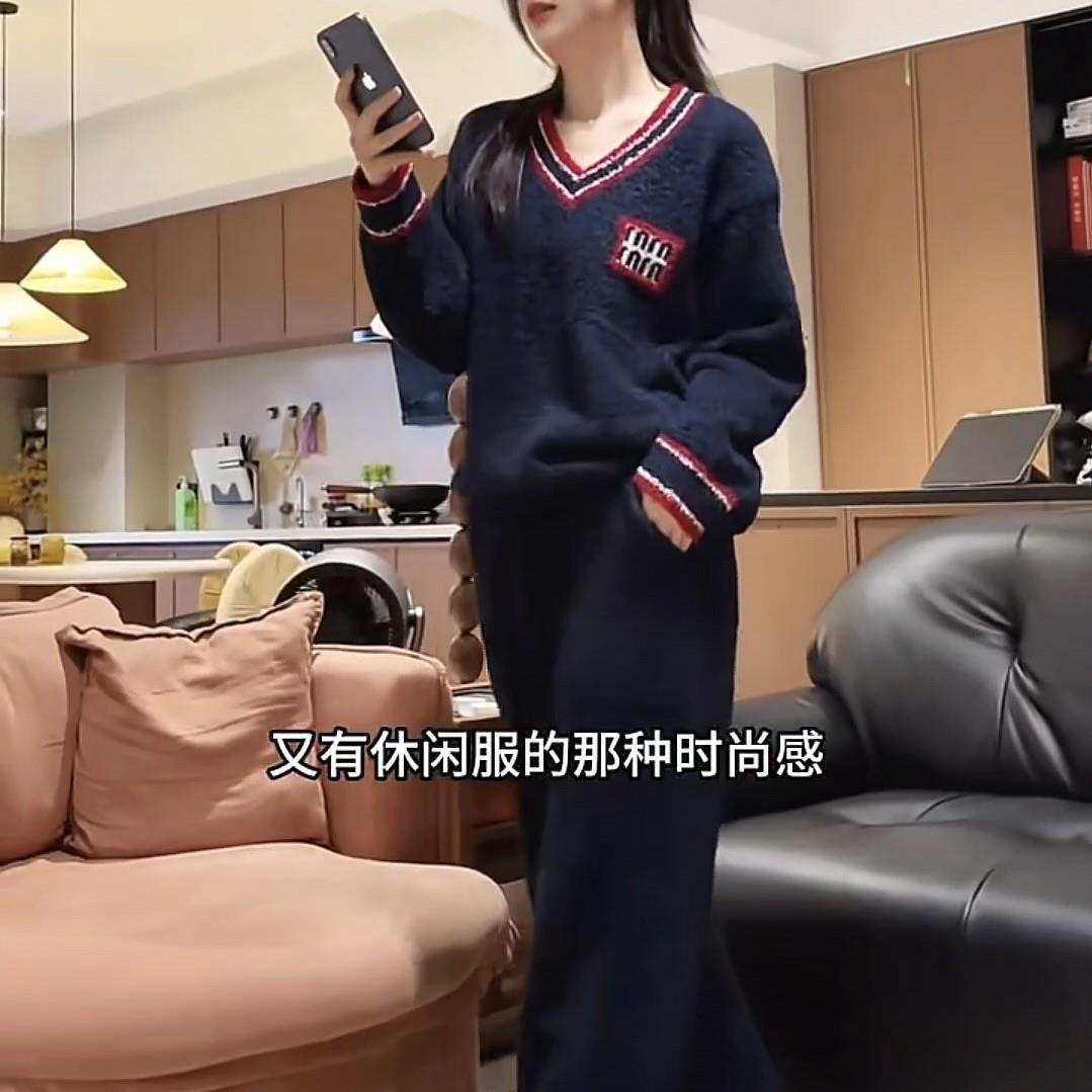针织半边绒冬季保暖字母V领加绒加厚保暖可外穿睡衣家居服套装