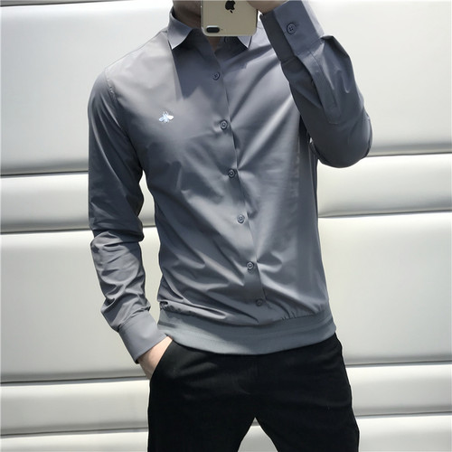 遵循时尚体验 微弹面料简约纯色休闲翻领长袖修身衬衣衫男 B0609