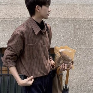 磨毛格子衬衫外套男春秋长袖韩版潮流宽松慵懒风男生复古外穿衬衫