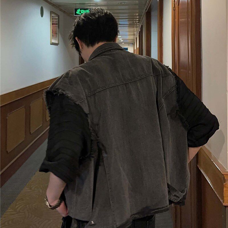 烟灰美式复古牛仔背心马甲外套男士潮流韩版宽松工装复Z古马夹克