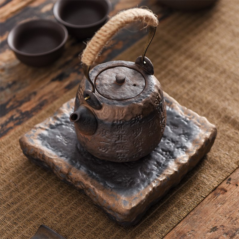 粗陶柴烧茶壶g中式手工复古陶瓷茶具家用泡茶壶单壶心经提梁壶壶
