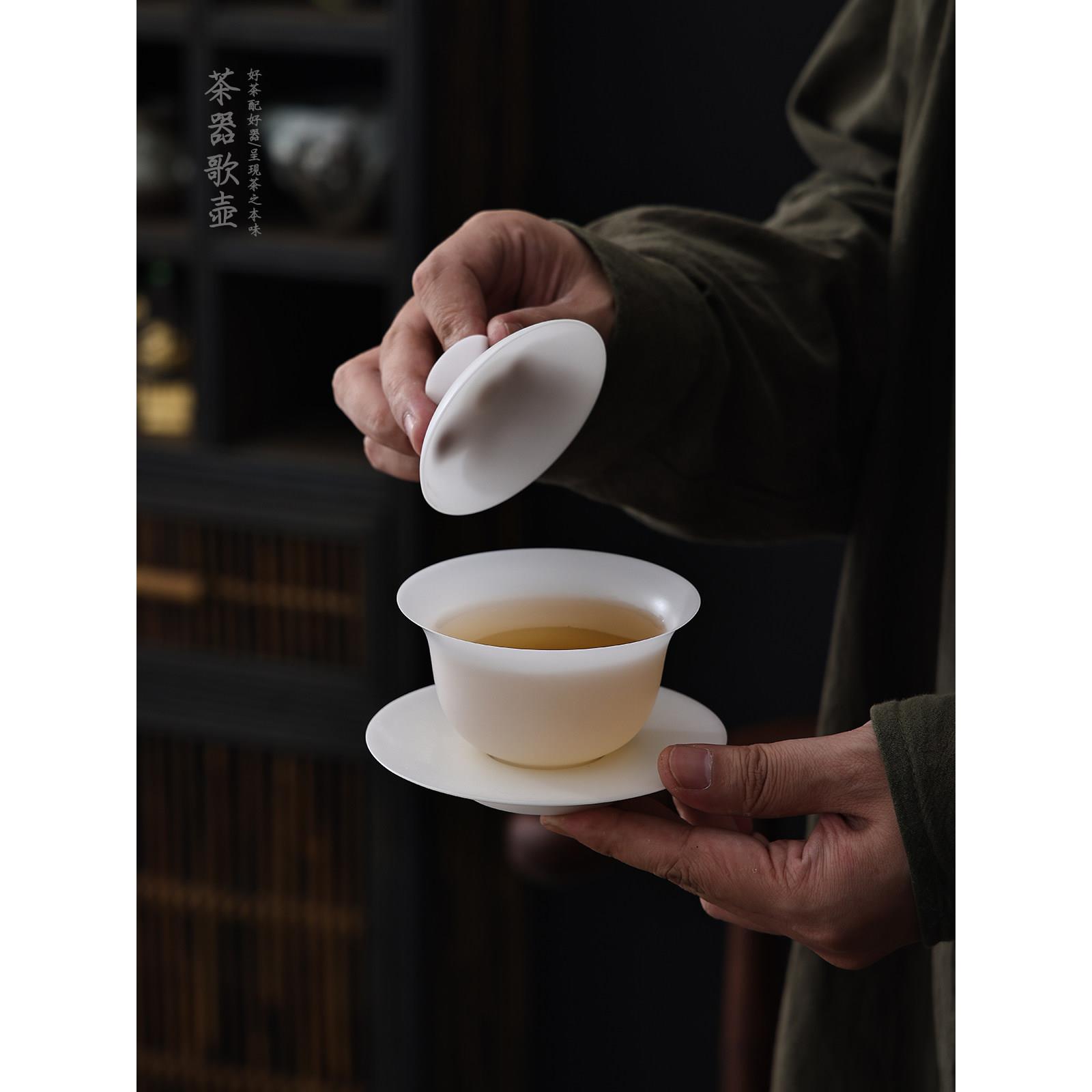 超薄胎古典三才盖碗不烫手素烧冰种玉瓷泡茶碗德化白瓷功夫茶茶具