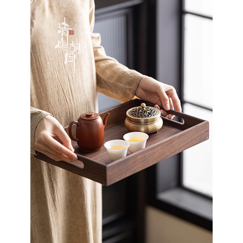 便携式双耳核桃托盘茶具茶点储存托盘实木矩形甜点托盘家庭咖啡桌