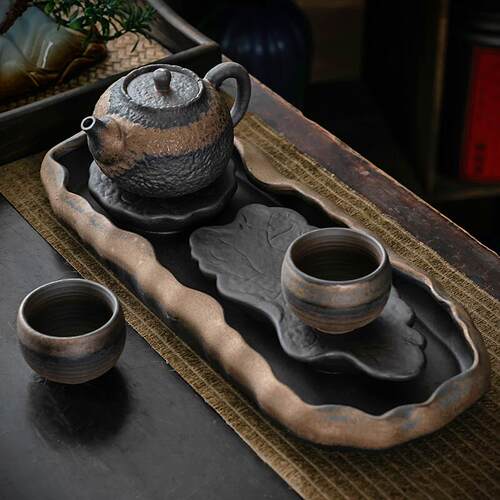 粗陶干泡台茶盘储水小型简易茶海陶瓷茶具套装日式茶台家用壶承