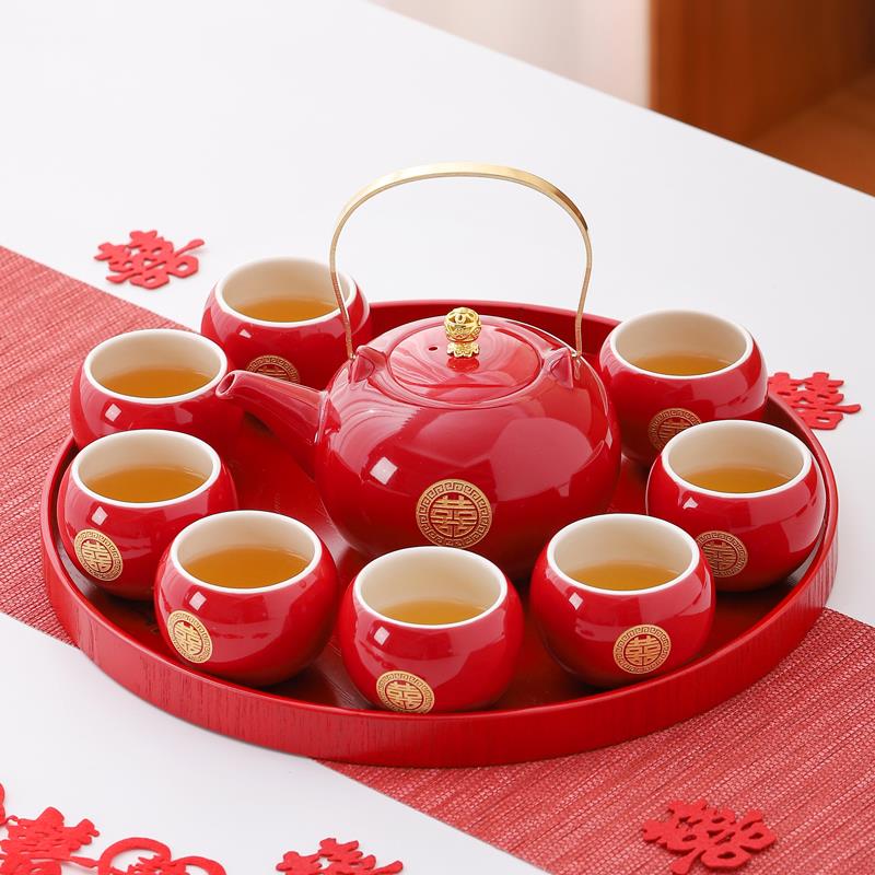 敬茶杯结婚庆订婚中式改口新娘陪嫁托盘茶壶功夫茶具红色套装礼盒