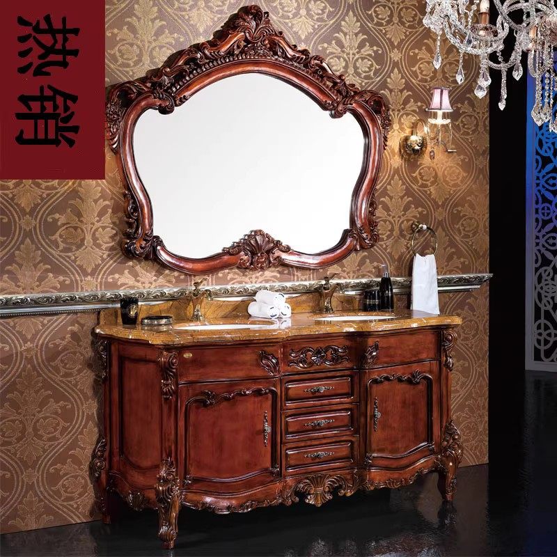欧式橡木浴室柜组合红橡木实木落地式卫浴柜洗手洗脸盆洗漱台定制