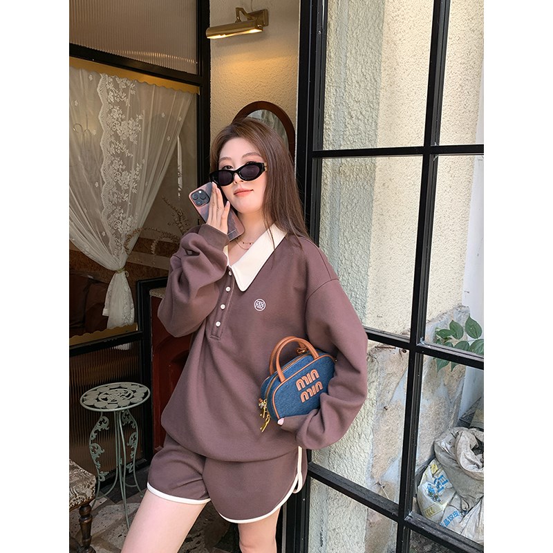 NAZ那子大码2i025春季新款休闲美式复古胖mm慵懒风绣花卫衣套装