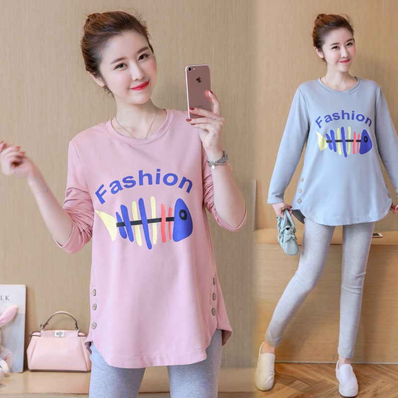 孕妇春装套装时尚款m2023新款两件套春秋长袖中长上衣纯棉孕妇t恤