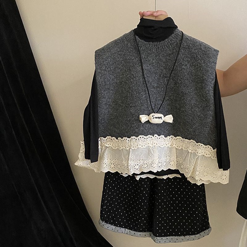 韩系女童毛衣针织马甲秋宝宝背心流苏波点阔腿裤中裤洋气时髦套装