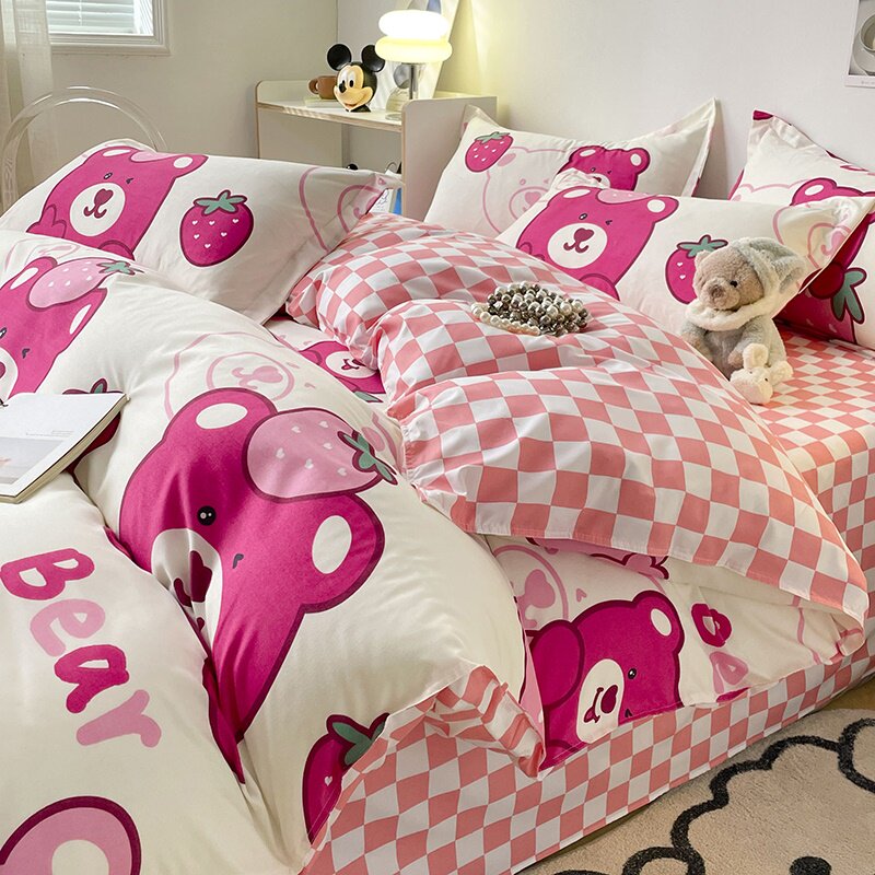 草莓熊床上四件套春秋女儿童学A生宿舍被套床单三非全棉纯棉男网