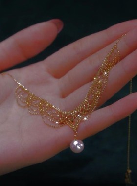 12mm仿珍珠蕾丝项链女金色轻奢宫廷风流苏颈部甲状腺遮疤痕锁骨链