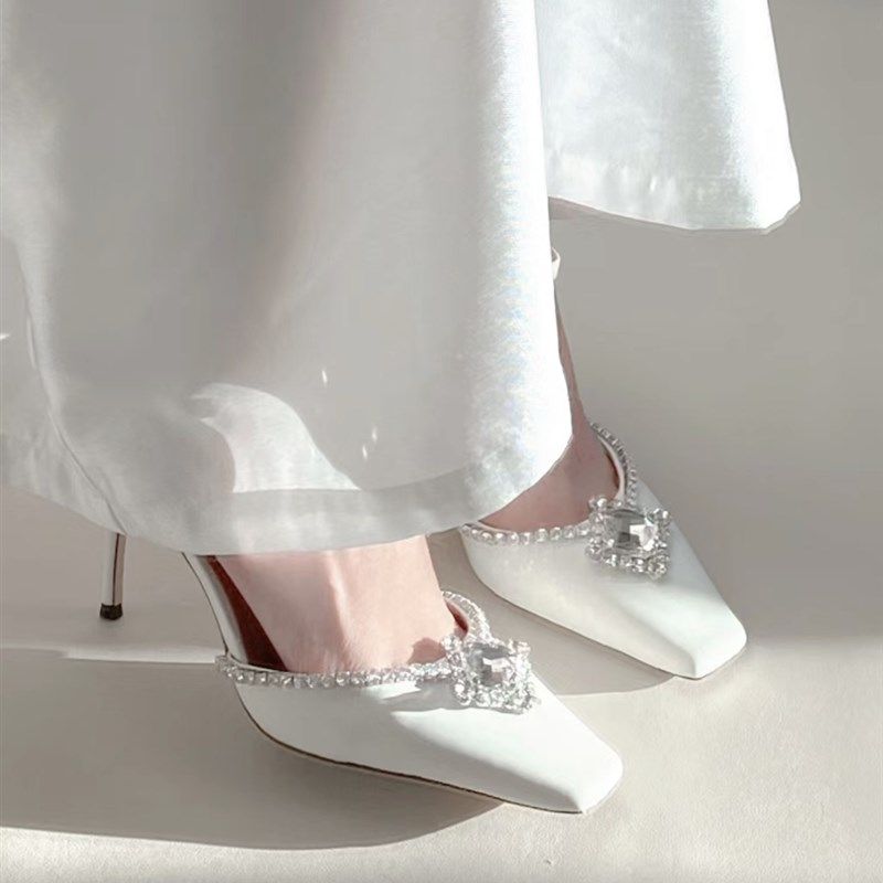 精致女孩!白色细跟高跟方头水晶水钻法式两穿新娘备婚婚鞋凉鞋女,女鞋,婚鞋,淘宝优惠券,粉丝福利购,淘宝优惠卷