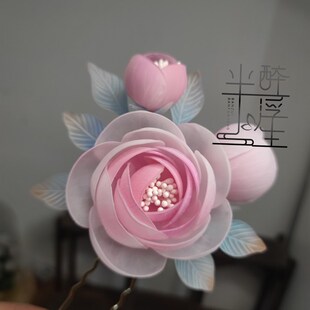 热缩月季花热缩发簪檀木簪 手工制作汉服配饰 发梳插梳女