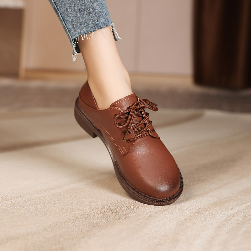 系带小皮鞋女真皮平底软皮单鞋2023春秋新款英伦风棕色中低跟女鞋,女鞋,深口单鞋,淘宝优惠券,粉丝福利购,淘宝优惠卷
