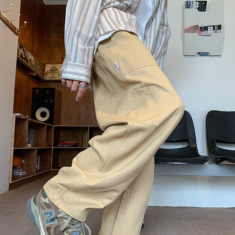 卡其色裤子男夏季潮牌多口袋阔腿工装裤日系复古直筒宽松休闲长裤,男装,休闲裤,淘宝优惠券,粉丝福利购,淘宝优惠卷