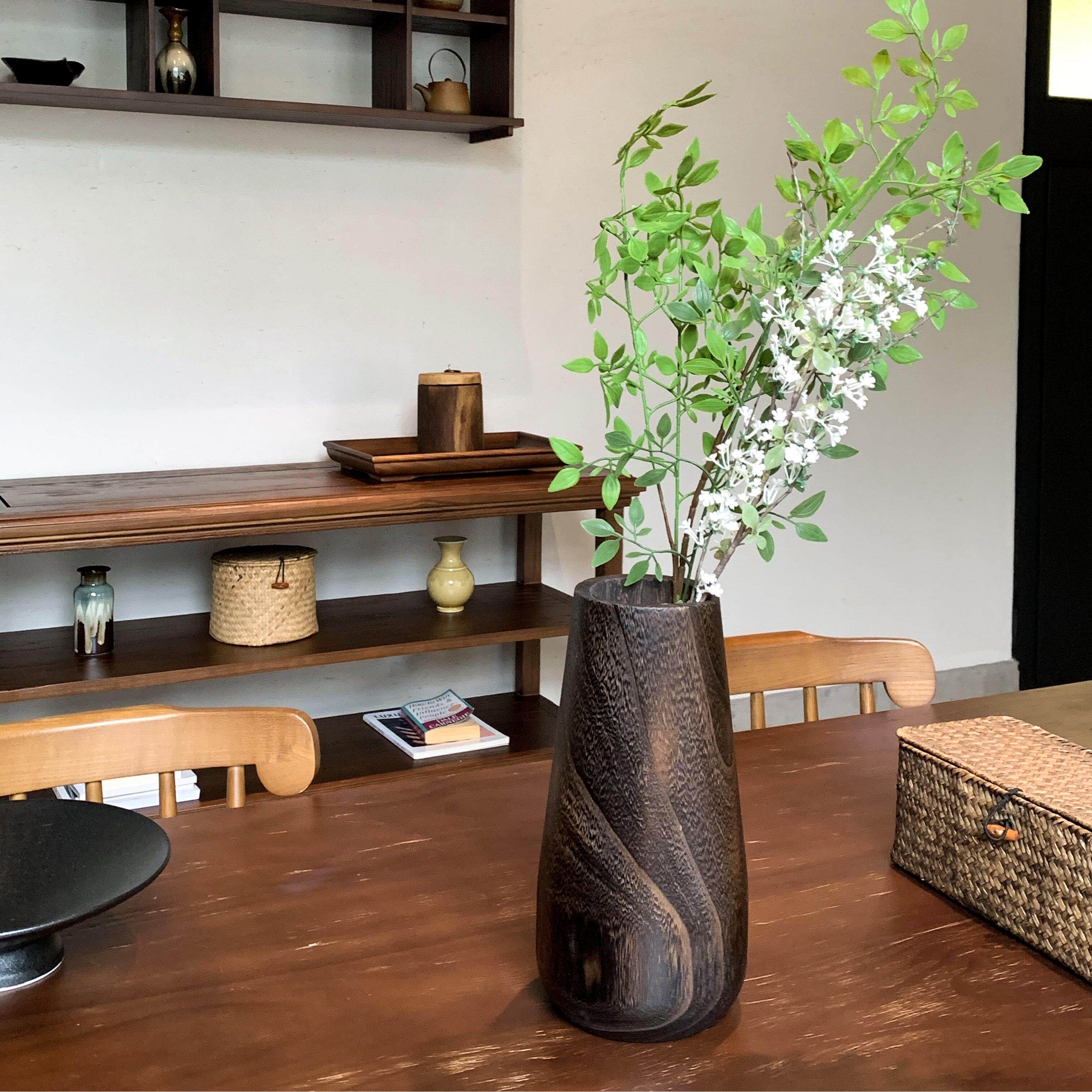 花瓶摆件客厅插花居家原木碳化花瓶彷真花木制干燥花花瓶高端木花