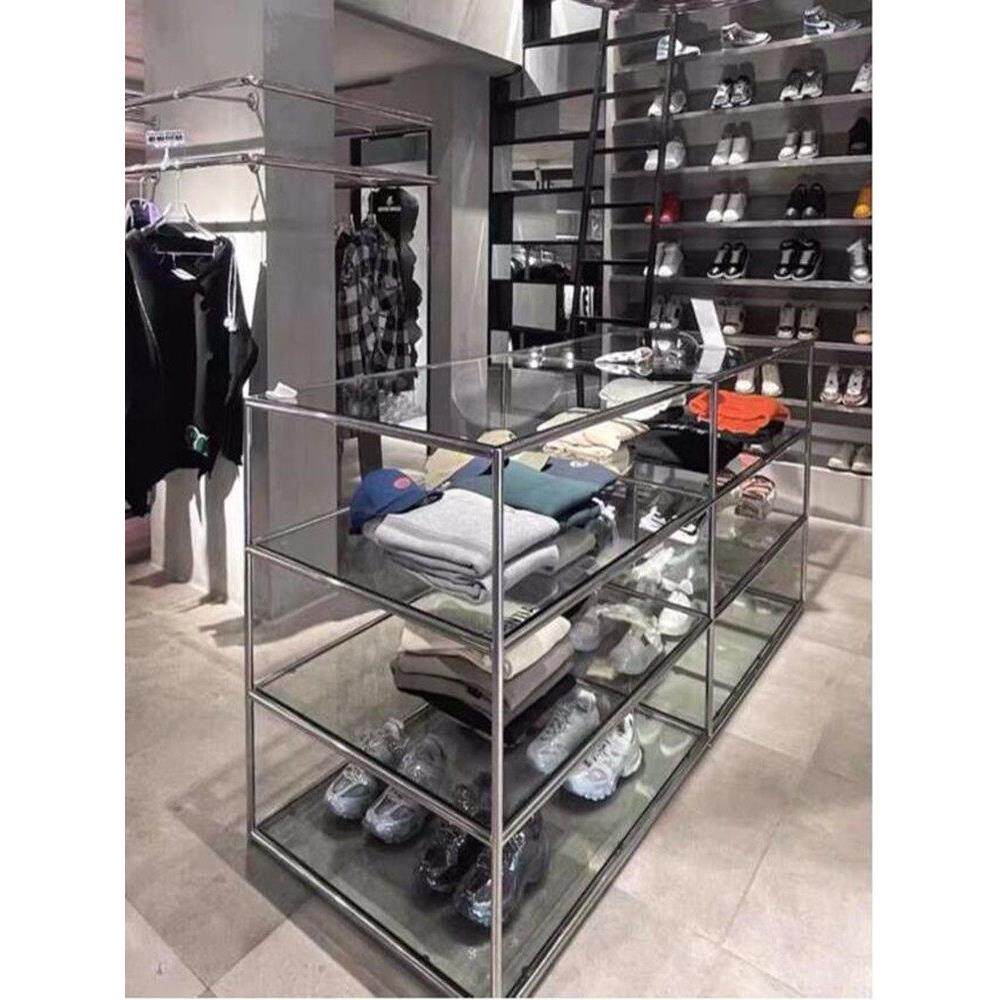 服装店流水台不锈钢拉丝玻璃展示架移动桌子精品货架陈列架鞋包架
