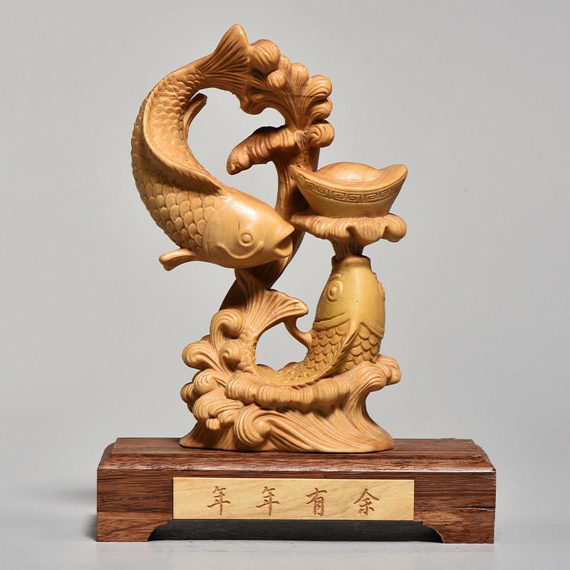 黄杨实木雕刻年年有余摆件木头根雕鲤鱼家居客厅装饰工艺礼品