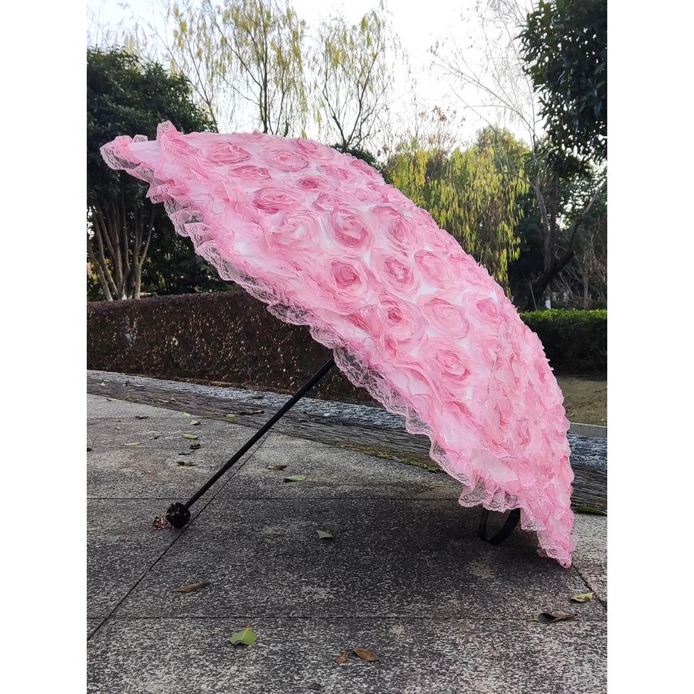 太阳伞粉色立体花朵蕾丝花边黑胶防晒防紫外线三折伞晴雨公主洋伞