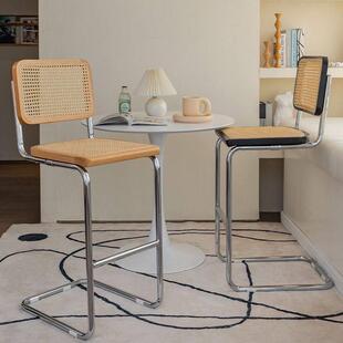 轻奢藤编吧台椅北欧实木吧椅家用设计师吧台凳铁艺网红咖啡店餐椅