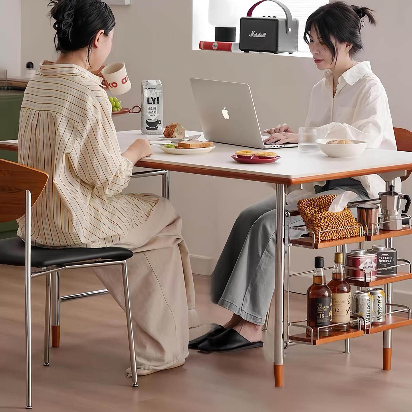 中古风实木岩板餐桌小户型不锈钢包豪斯桌子家用长方形餐桌椅组合