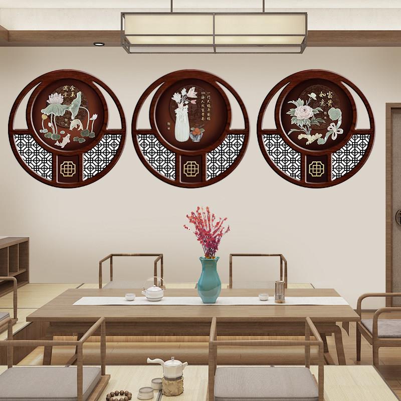 新中式玉雕装饰画客厅沙发背景墙挂画玄关玉石画圆形实木组合壁挂图片