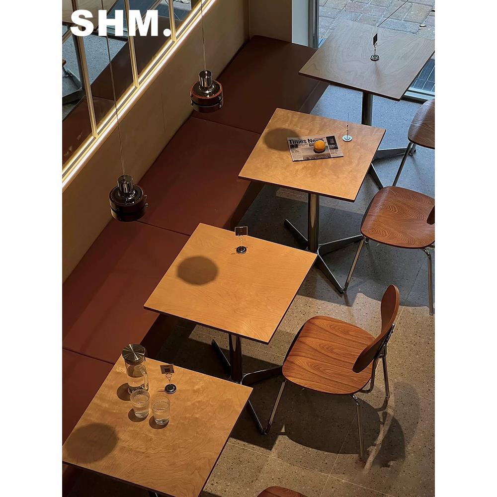 中世纪风格咖啡馆海洋板桌椅组合奶茶甜品店韩国餐厅实木小方桌商