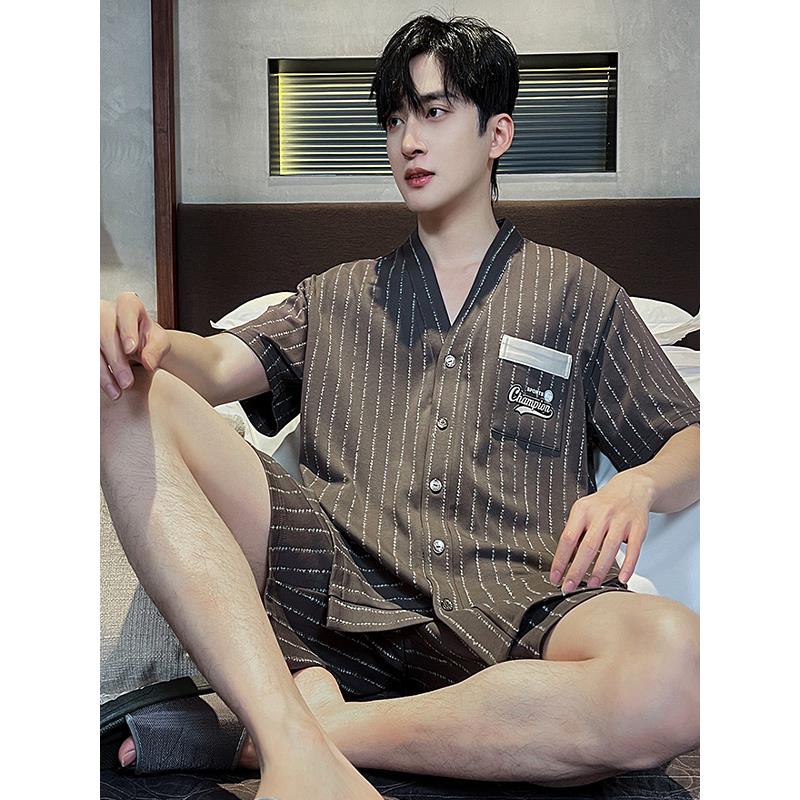 夏季青年纯棉V领男式短袖睡衣薄宽松加码和服吸汗透气蒸服