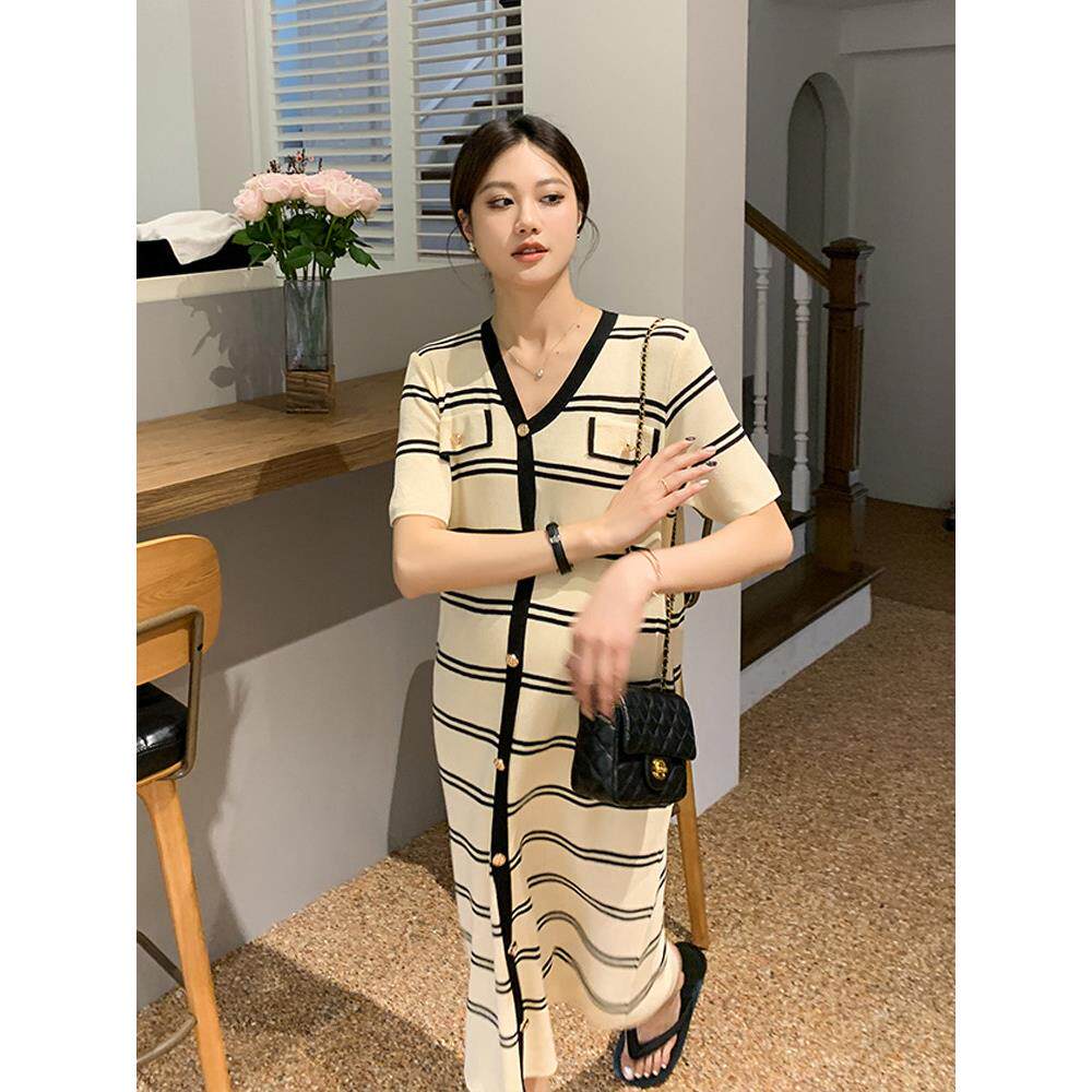 WAWA孕妇装中长版针织条纹宽松短袖洋装冰丝时尚孕妈夏孕妇裙子