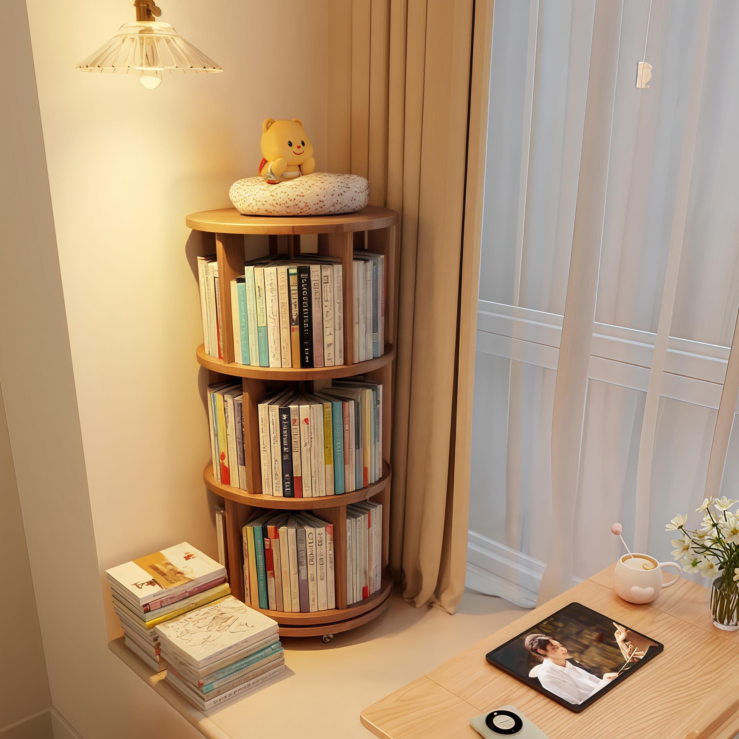 实木旋转书架飘窗不占地移动置物架360度置物柜圆形儿童转角书柜
