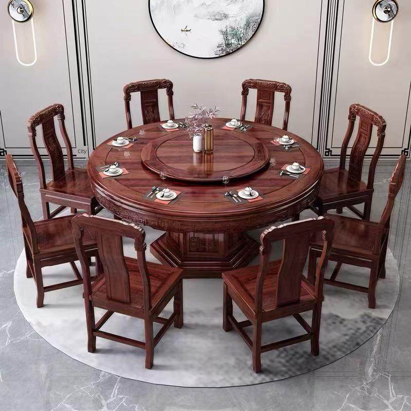 实木餐桌椅组合酸枝木古典红木雕花家具家用圆餐桌带转盘吃饭桌子