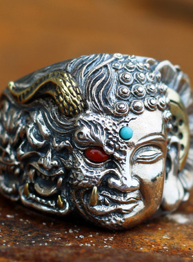 手工纯银佛魔一念之间戒指男款复古霸气半魔半佛银指环个性银戒指