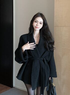 浴袍风毛衣外套女秋m冬辣妹系带收腰显瘦慵懒风中长版加厚针织开