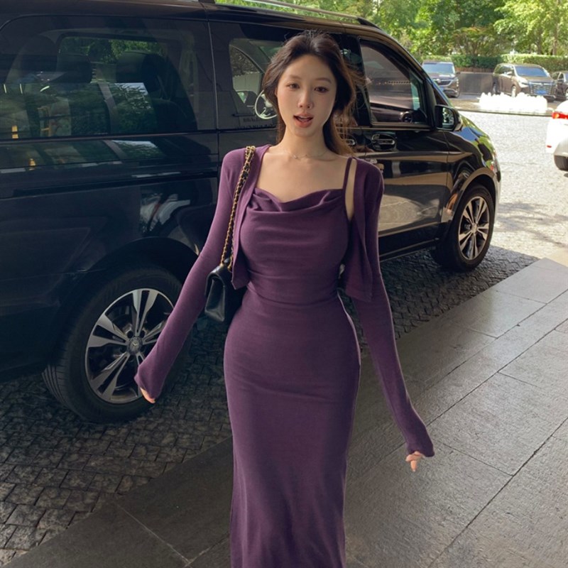 法式气质长袖紫色吊带连衣裙子女z装早秋季2024新款包臀长裙两件