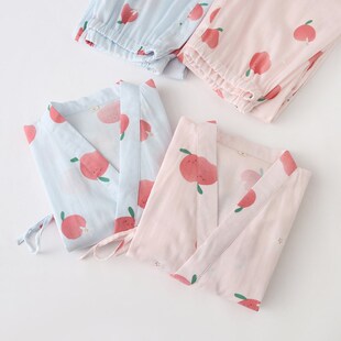春夏纯棉纱布和服睡衣女士长袖日系和风汗蒸服浴衣棉麻家居服套装