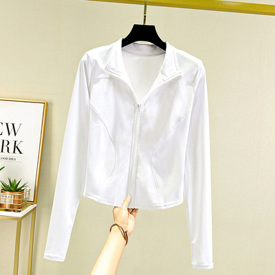 白色瑜伽开衫外套紧身速干跑步健身衣女立领N拉链上衣秋冬款瑜伽