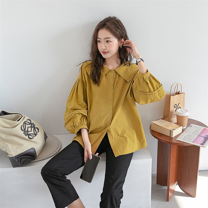 设计感小a众~孕妇衬衫春秋装上衣韩国大翻领显脸小灯笼袖哺乳衬衣