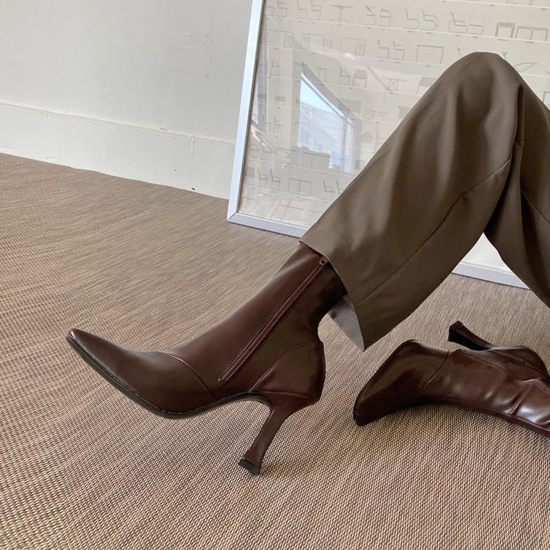 高跟短靴女2024新款冬季v加绒小方头瘦瘦靴真皮韩版显瘦细跟高跟