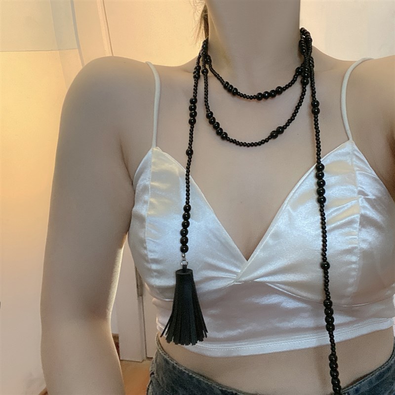复古黑水晶串珠流苏项链女网红气质长款新中式毛衣链多层颈链配饰
