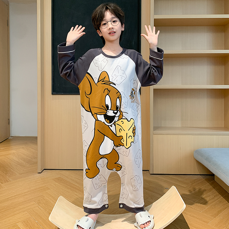 儿童连体睡衣男童宝宝春秋季长袖薄纯棉卡通男孩防踢防着凉家居服