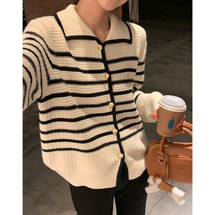 阿一 高奢绵羊毛 撞色q条纹毛衣开衫女秋冬2024新款宽松针织外套