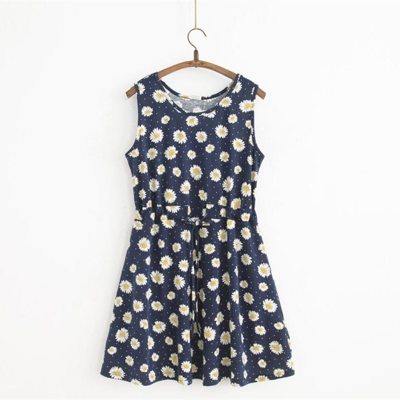 夏装碎花短裙棉质收腰显瘦无袖连衣裙韩版宽松背心裙大码孕妇裙女