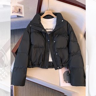 黑色免洗pu皮立领羽绒服女2024冬季新款面包服加厚短款外套小个子