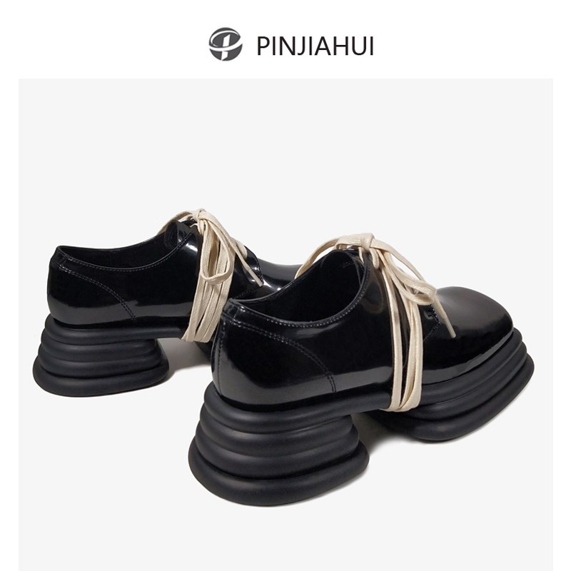 pinjiahui独特设计方头厚底小皮鞋H女真皮复古英伦风黑色德比鞋潮