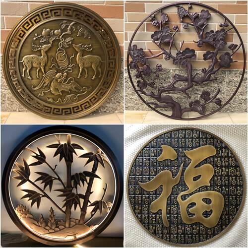 金属圆形浮雕百福图铝板雕刻屏风不锈钢镂空花格迎客松仿古铜隔断