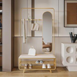 轻奢网红换鞋凳门口家用鞋柜可坐带衣帽架挂衣架镜子一体穿鞋凳